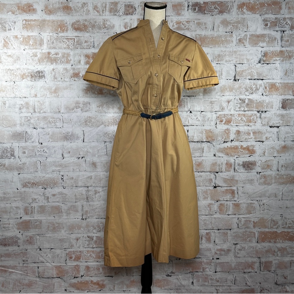 Vintage 80s Button Down Bodice Belted Short Sleeve A-Line Knee Length Midi Dress
